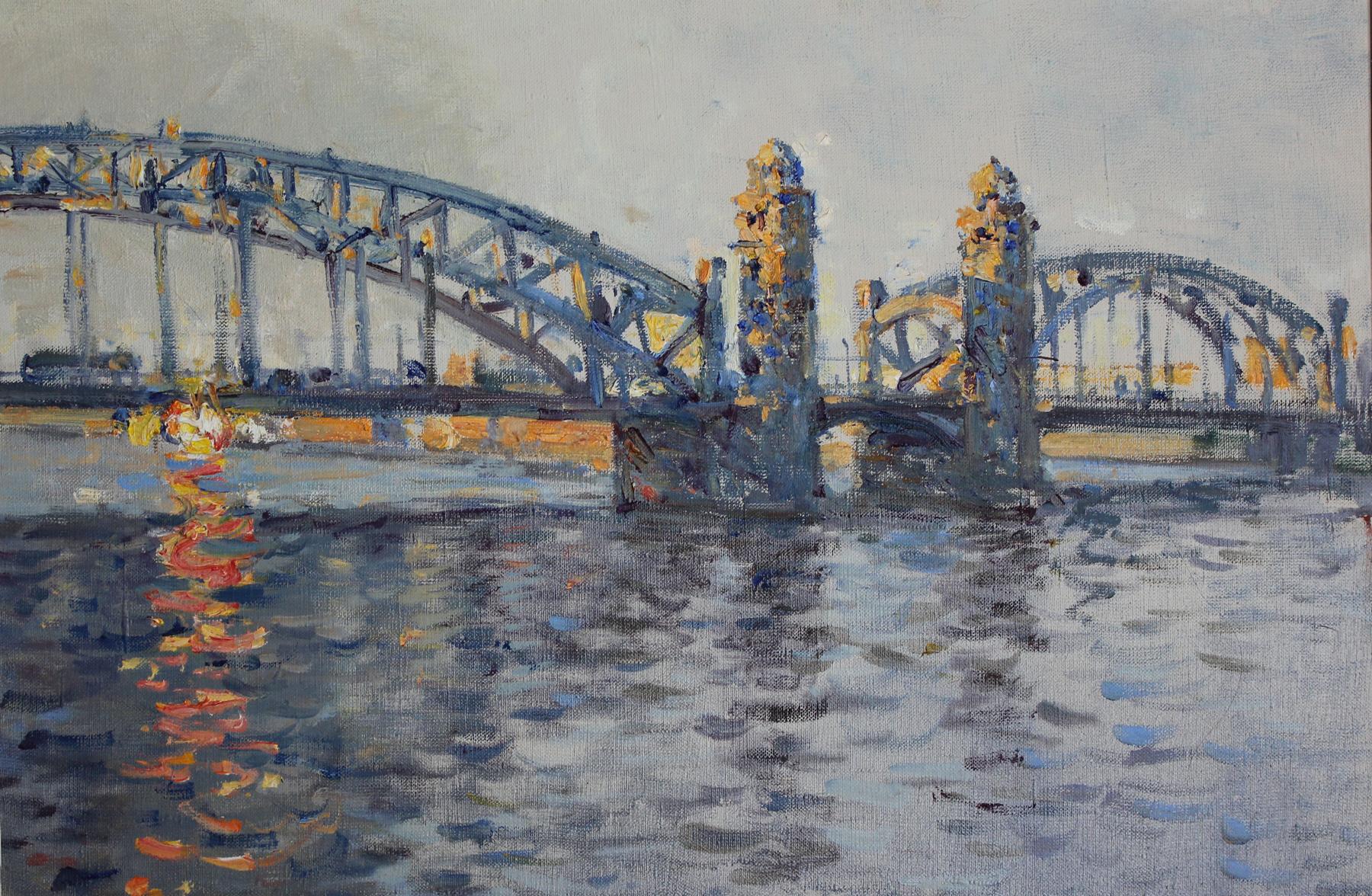 Peter the Great bridge. Evening. Original modern art painting