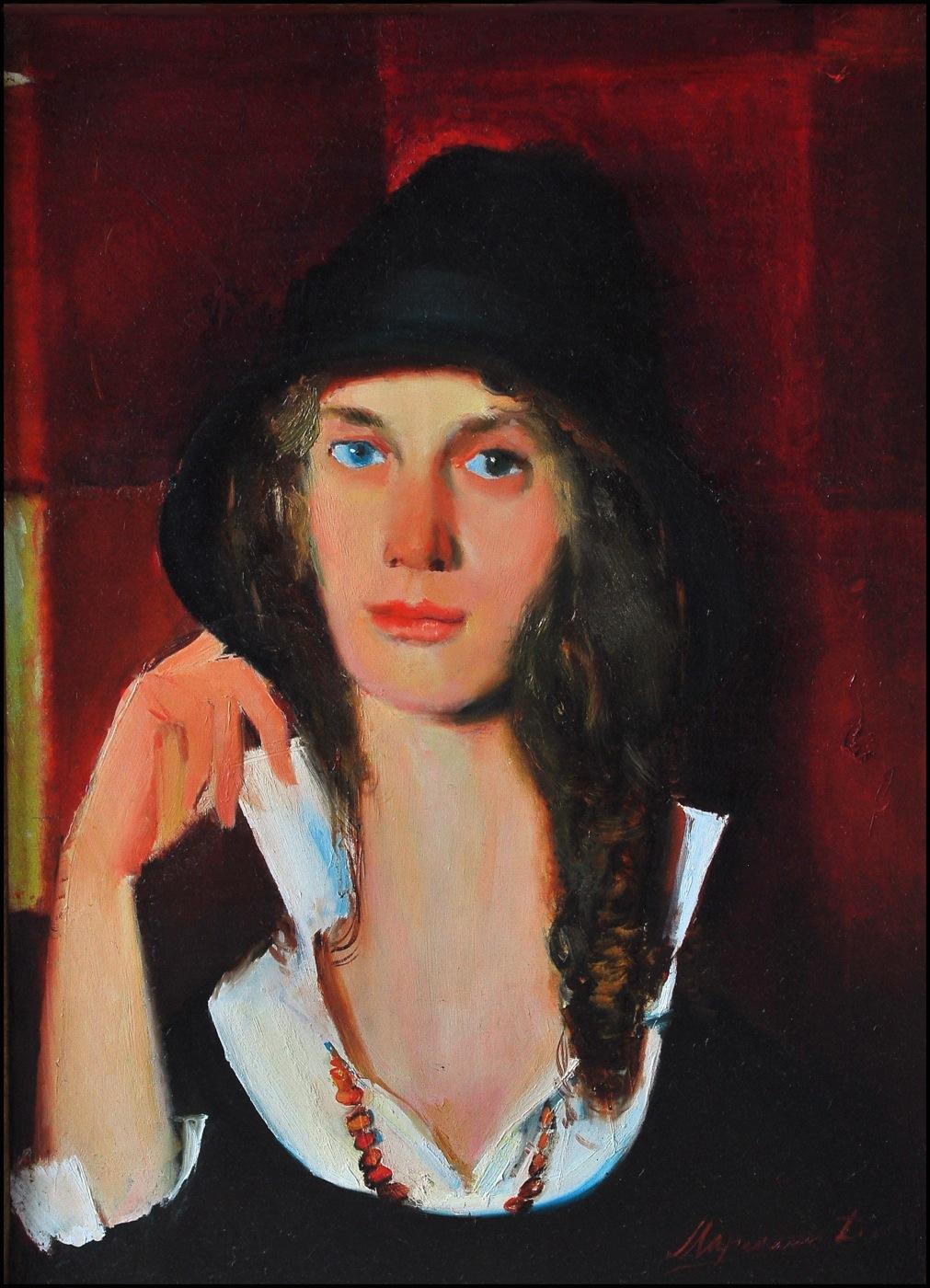 "Galya's portrait with hat". Original modern art painting