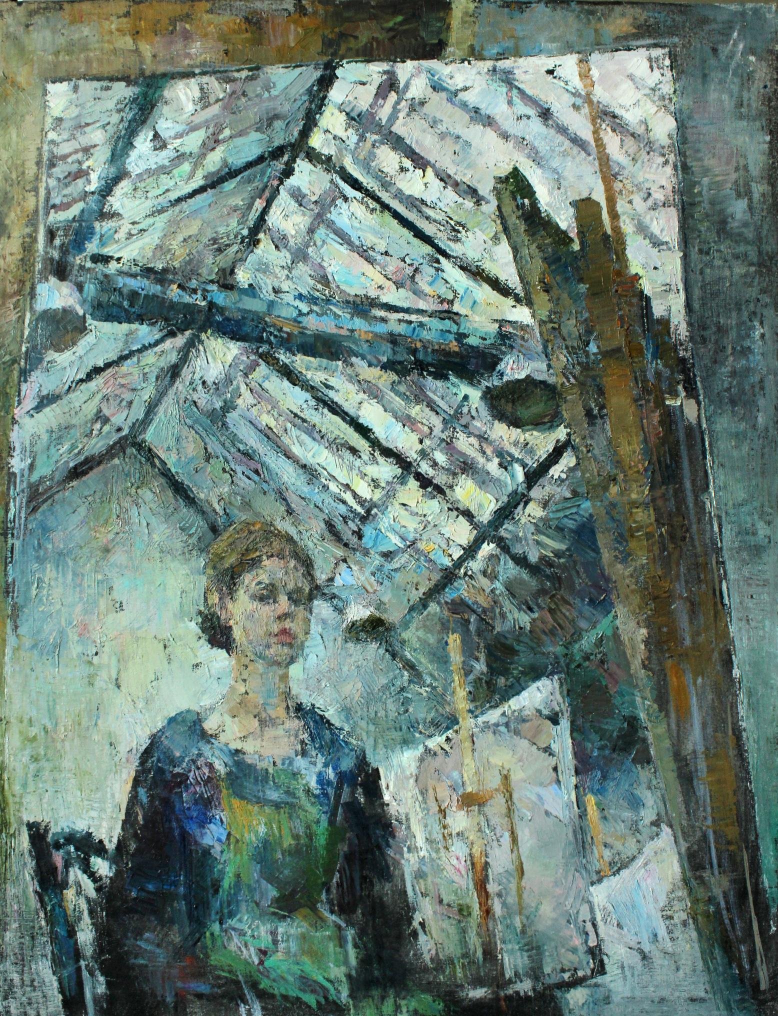 Self-portrait in the glass workshop. Original modern art painting