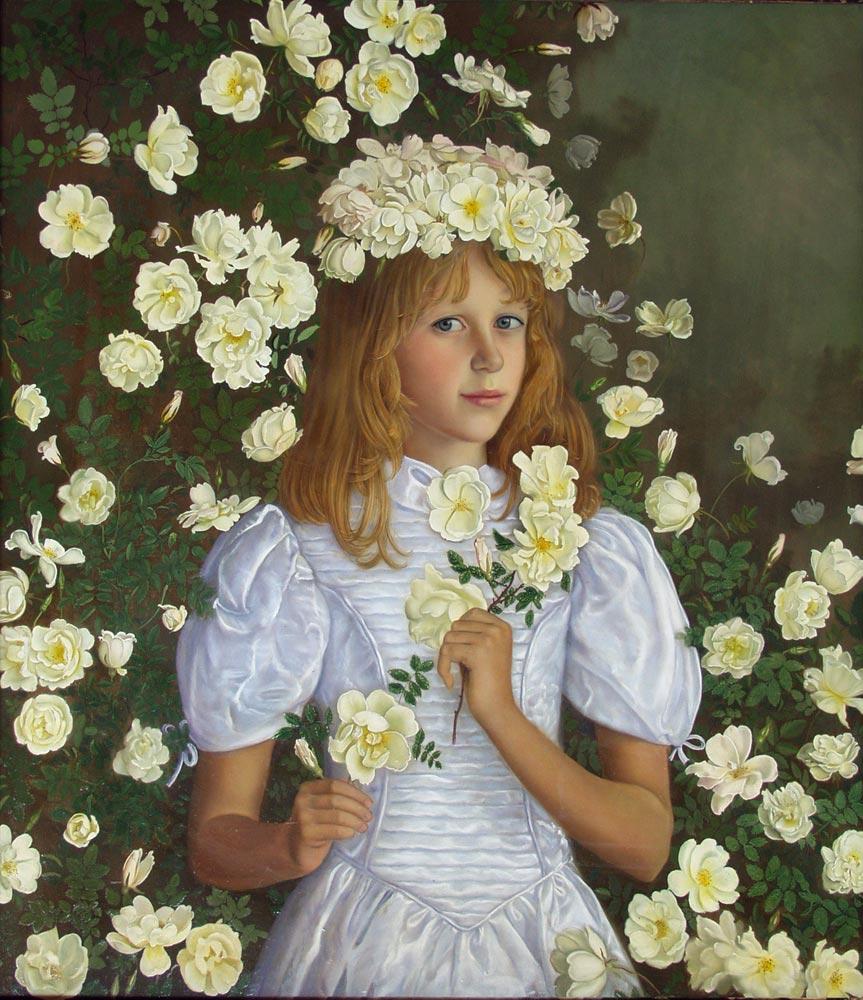 Romantic portrait with white roses. Original modern art painting