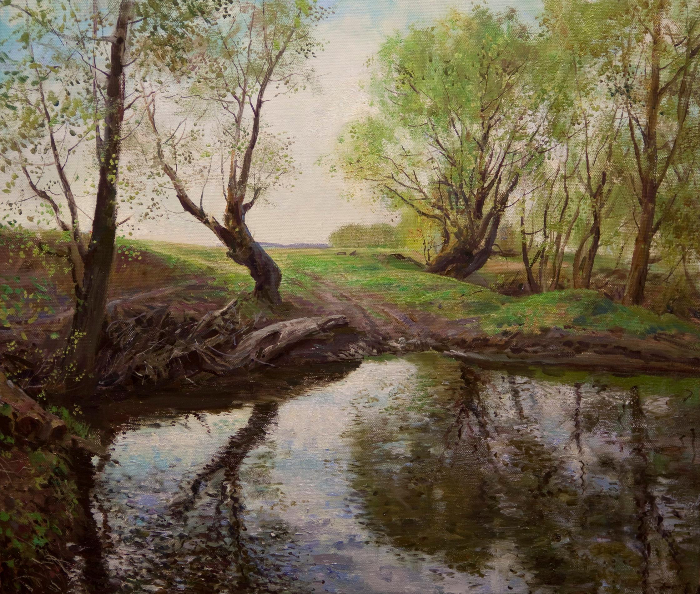 Spring day on river . Original modern art painting