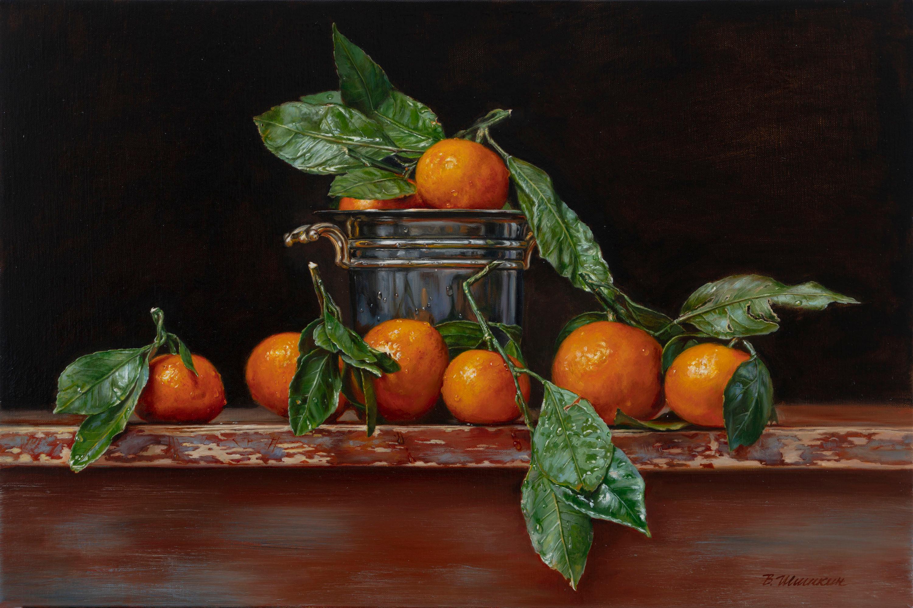 Tangerines with a bucket. Original modern art painting