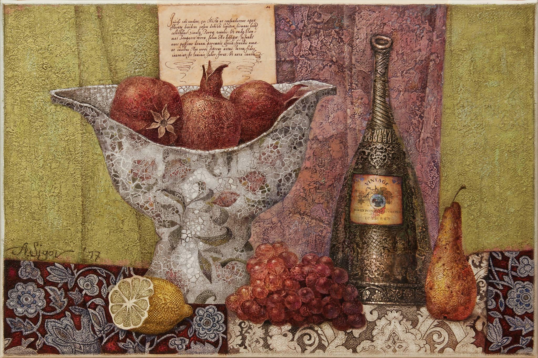 Still life with vintage wine. Original modern art painting