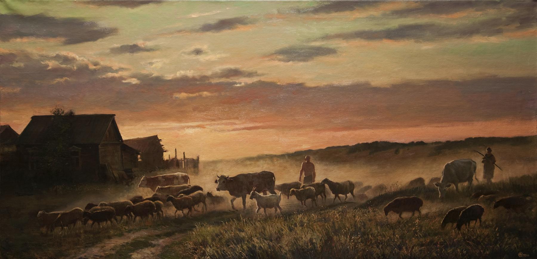 Return from  pasture. Original modern art painting