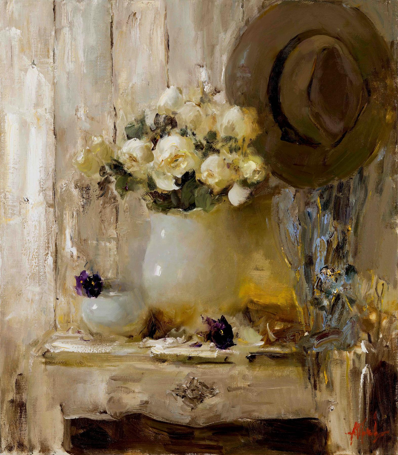 Белый букет и шляпа. Original modern art painting