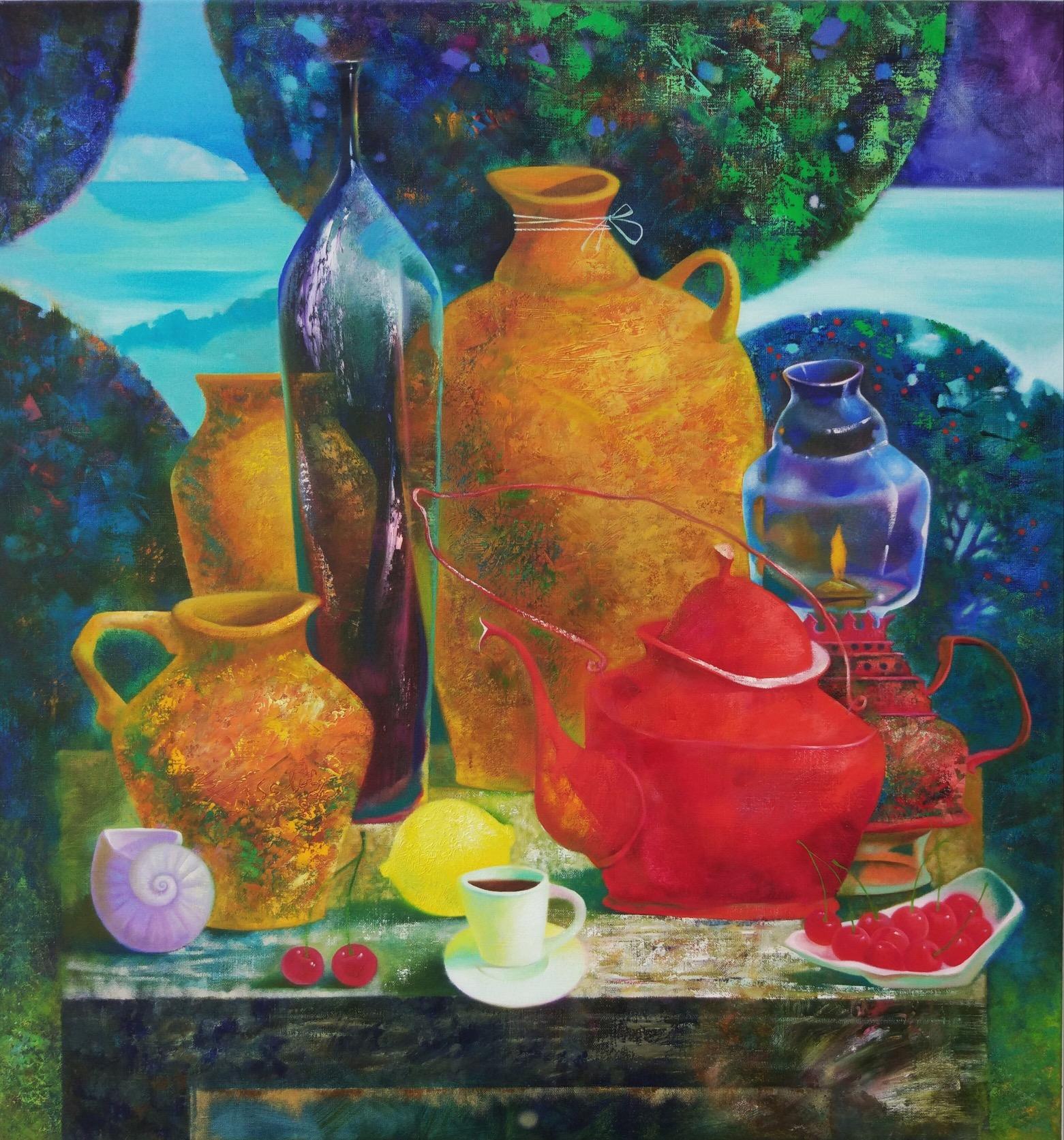 Still life with red teapot. Original modern art painting