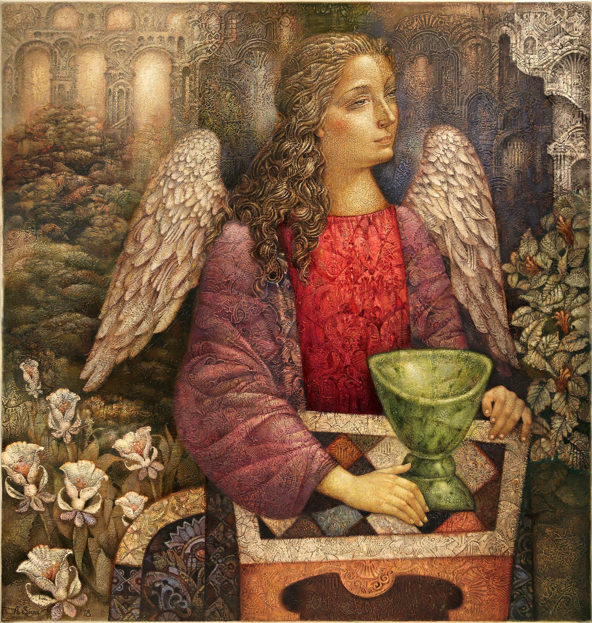 Angel with nephrite bowl. Original modern art painting