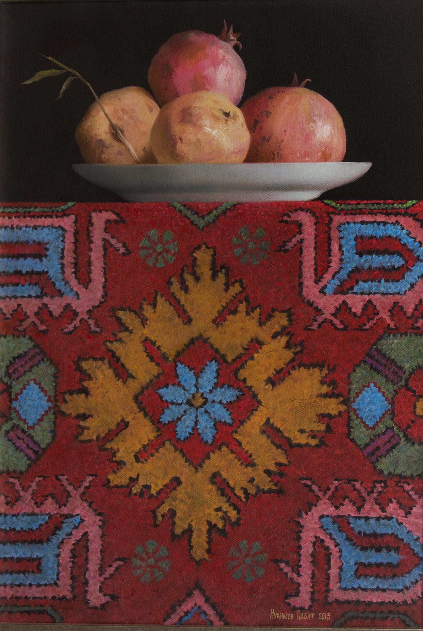 Pomegranates on the Dagestan carpet. Original modern art painting