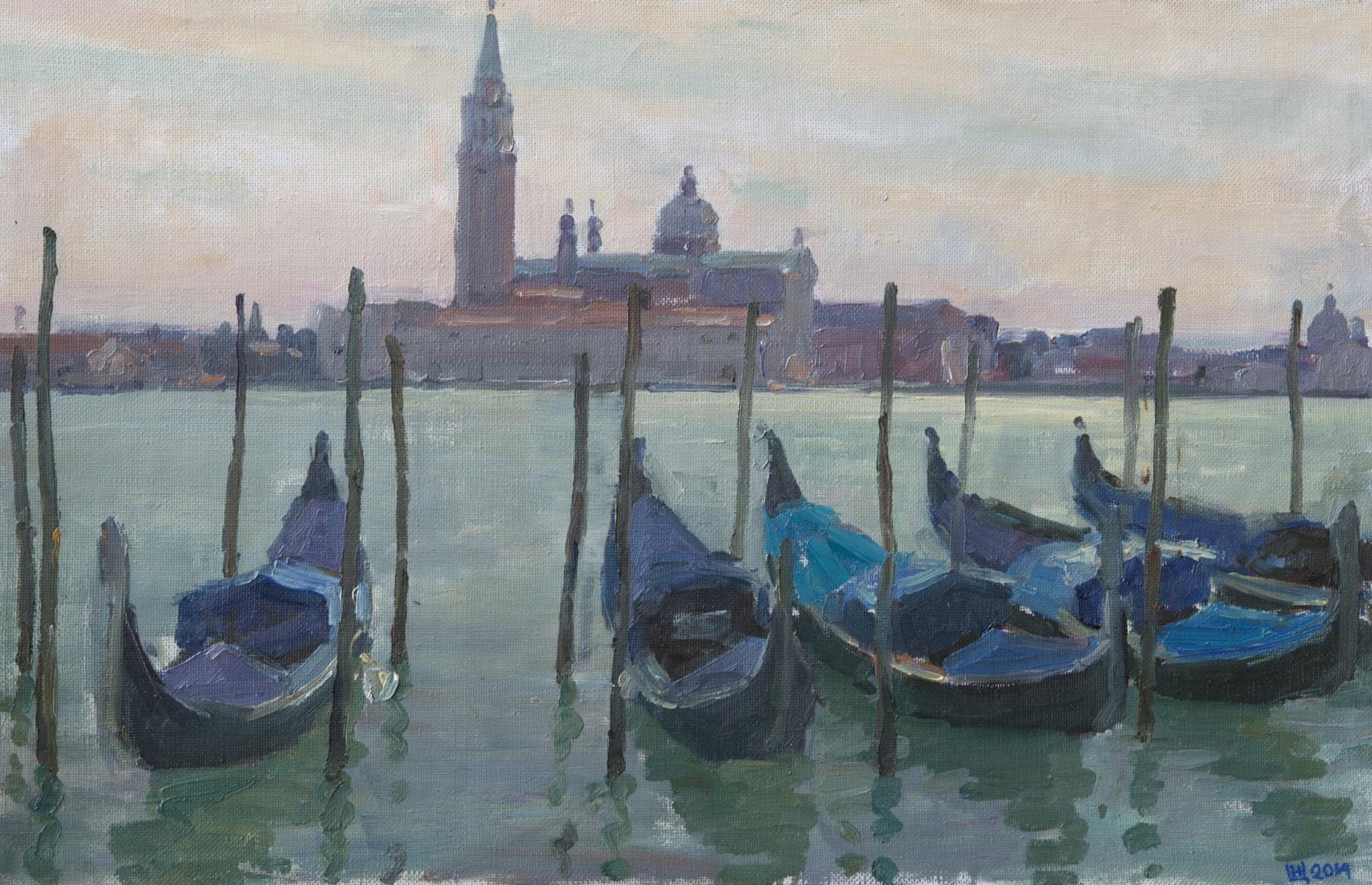 Gondolas on the background of San Giorgio. Original modern art painting