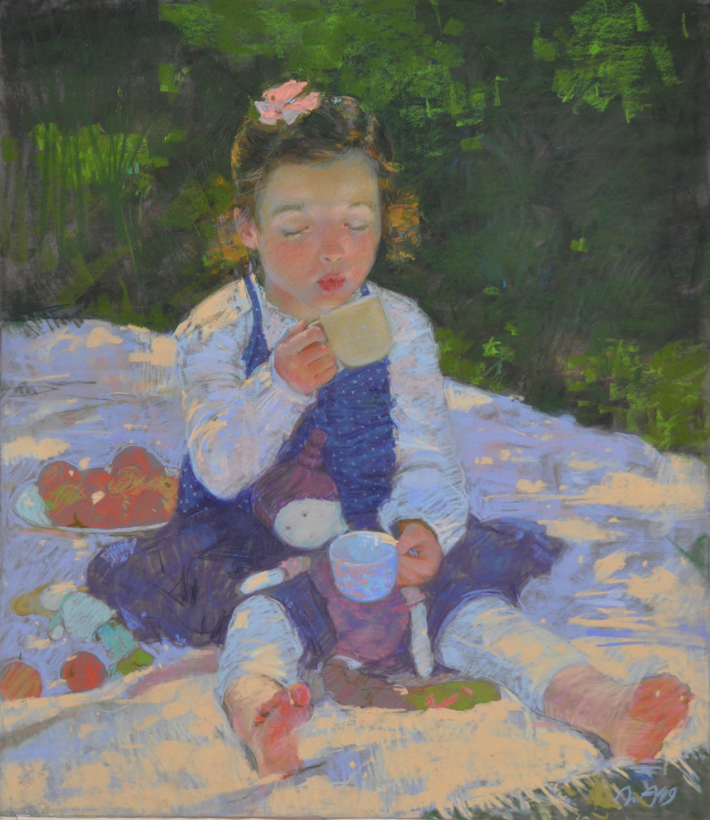 A doll's breakfast on the grass. Original modern art painting