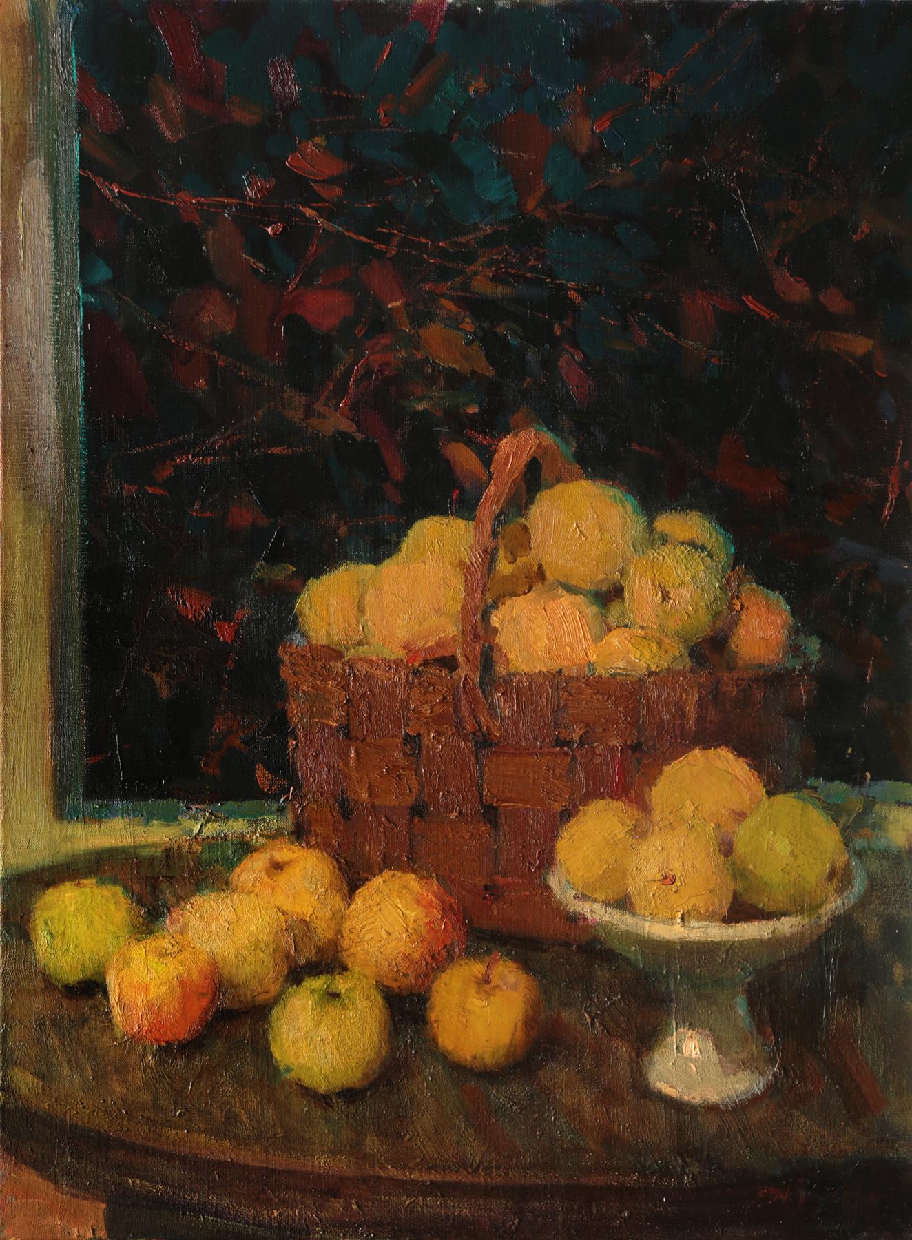 Basket with apples. Original modern art painting