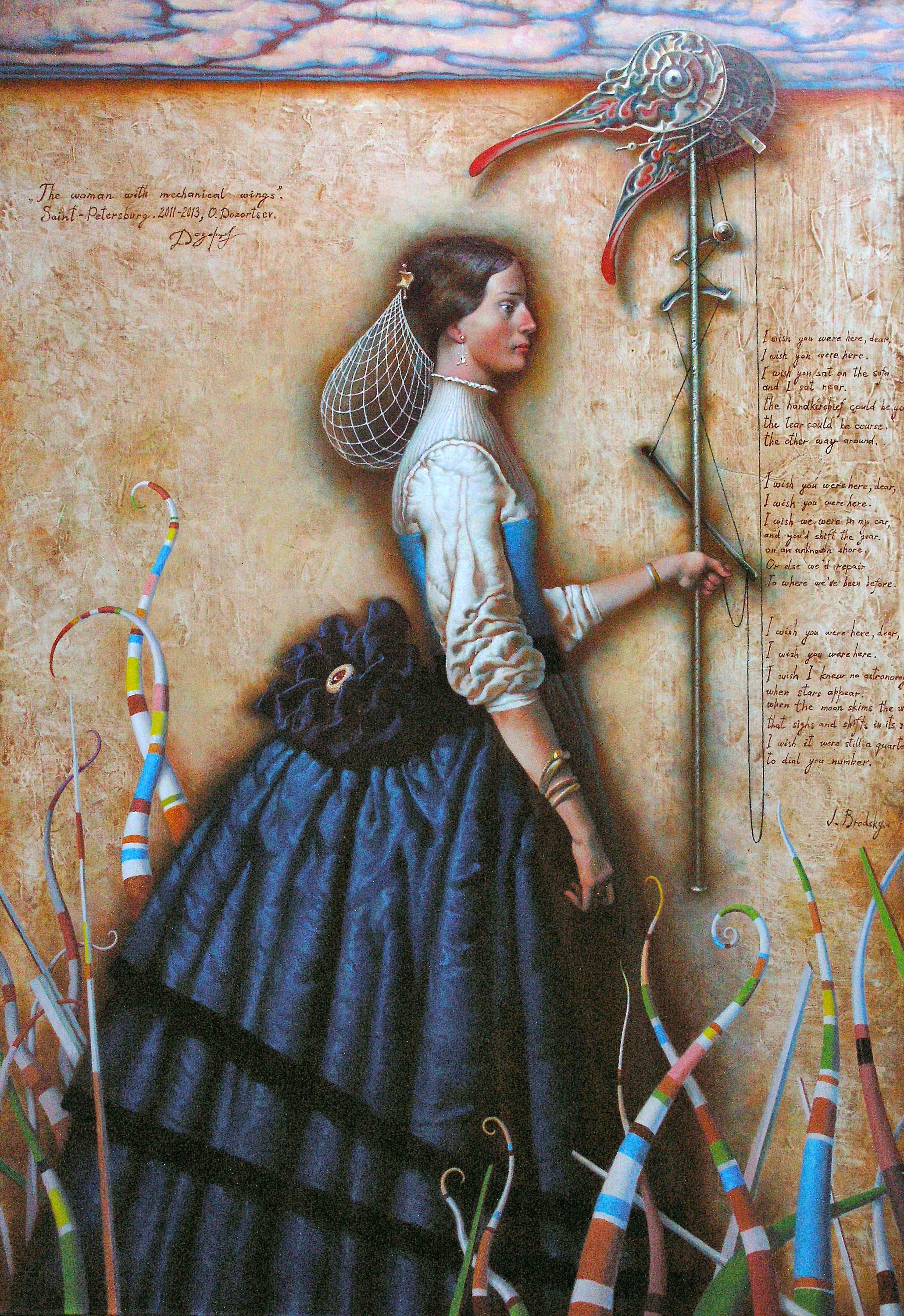 Woman with mechanical wings. Original modern art painting