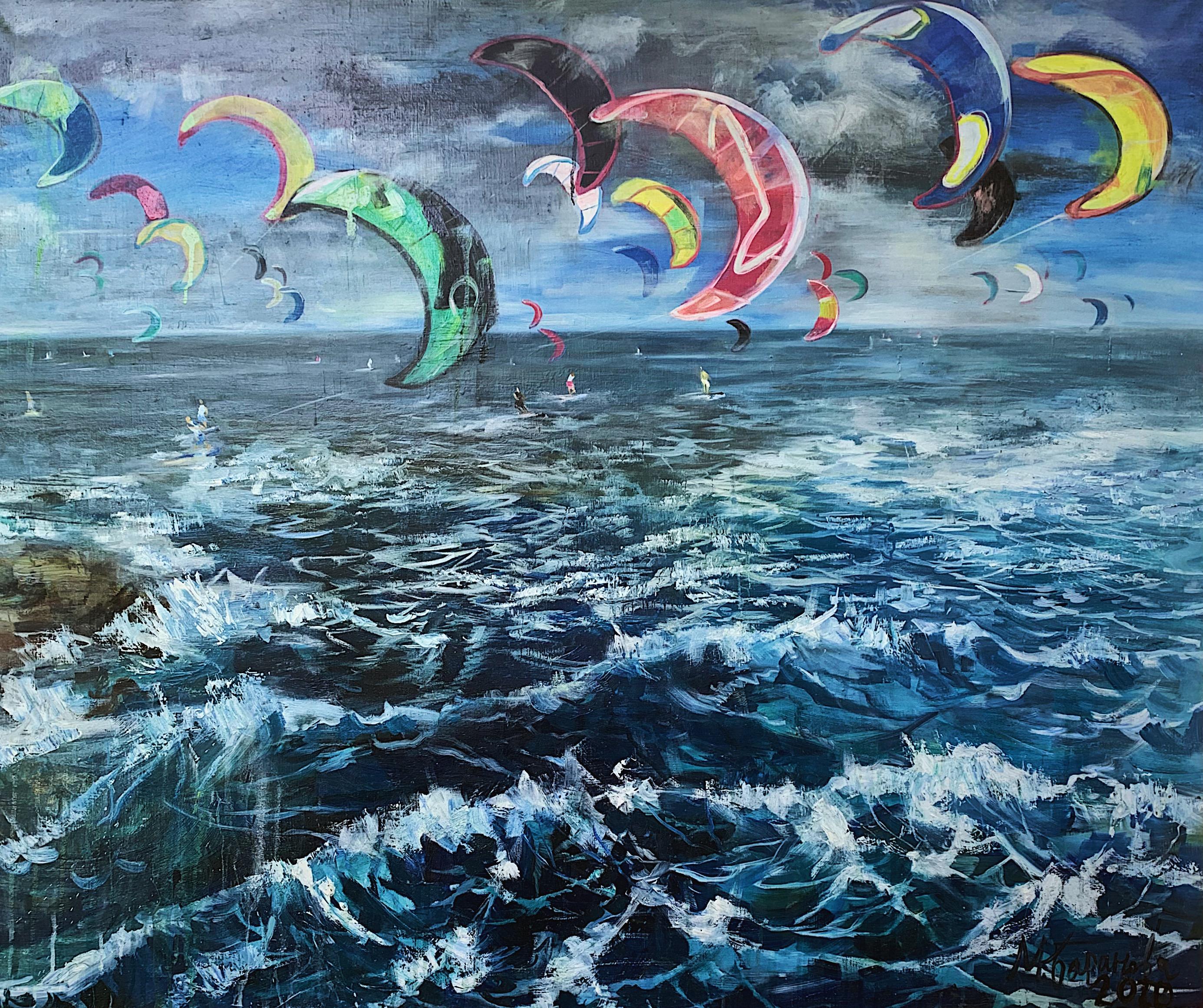 Kite surfing. Original modern art painting