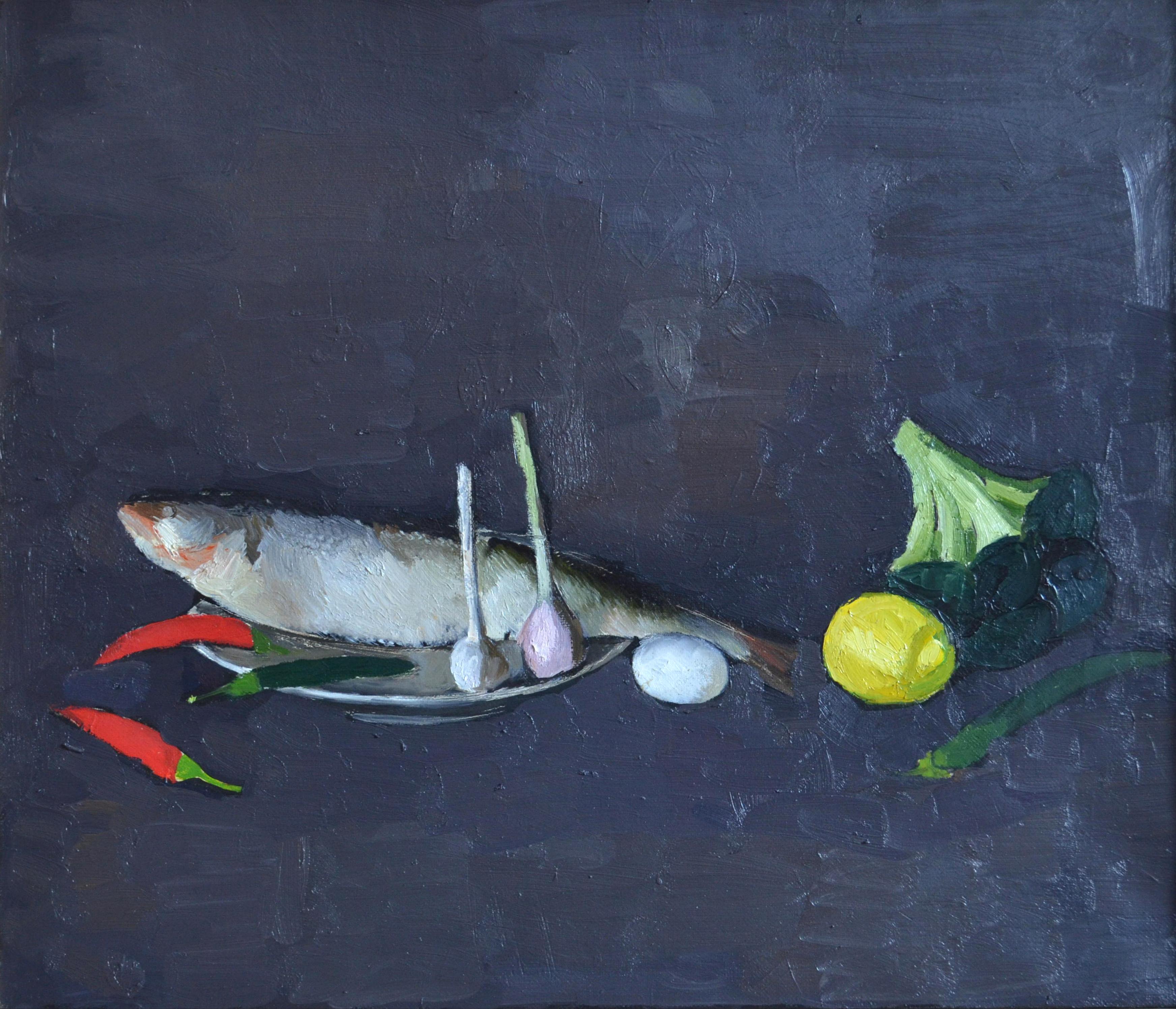 Still life with a fish. Original modern art painting