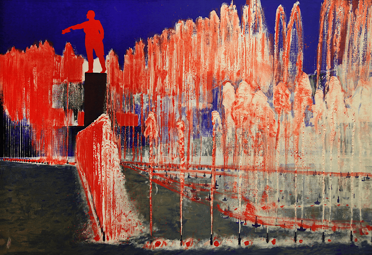 "Red Fountains" Work from the series "Water Battles on Moscow Square".. Original modern art painting