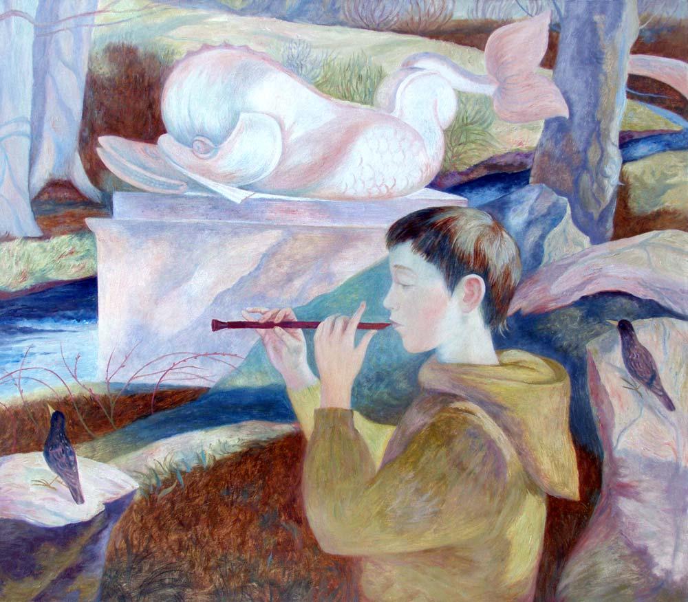 一个男孩和海豚. Original modern art painting