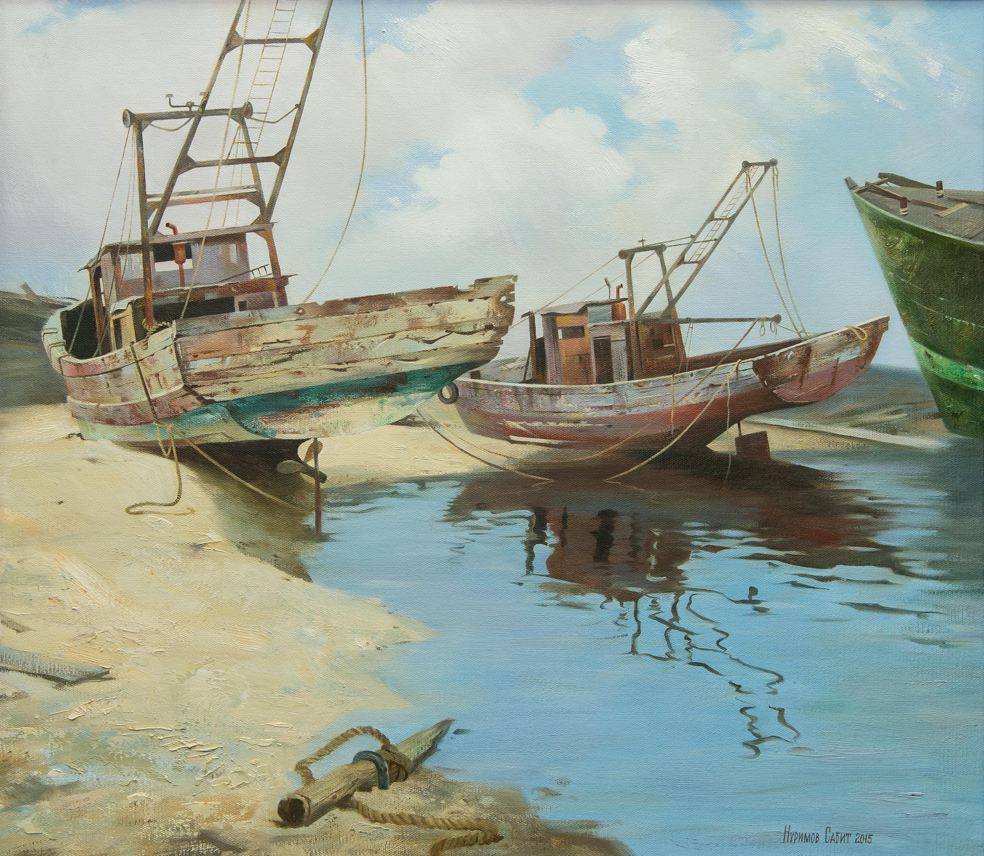лодки на побережье. Original modern art painting
