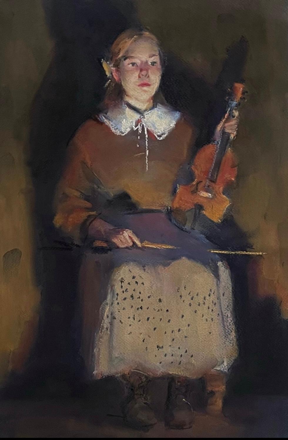 girl with violin. Original modern art painting