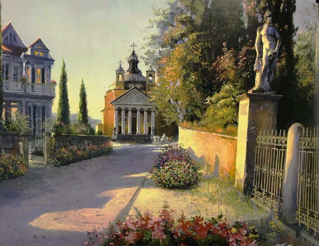 Italy's landscape. Way to a church. Original modern art painting