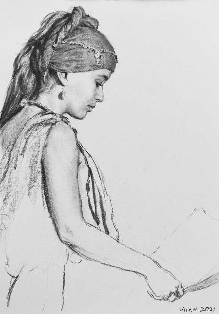 Girl with parchment. Original modern art painting