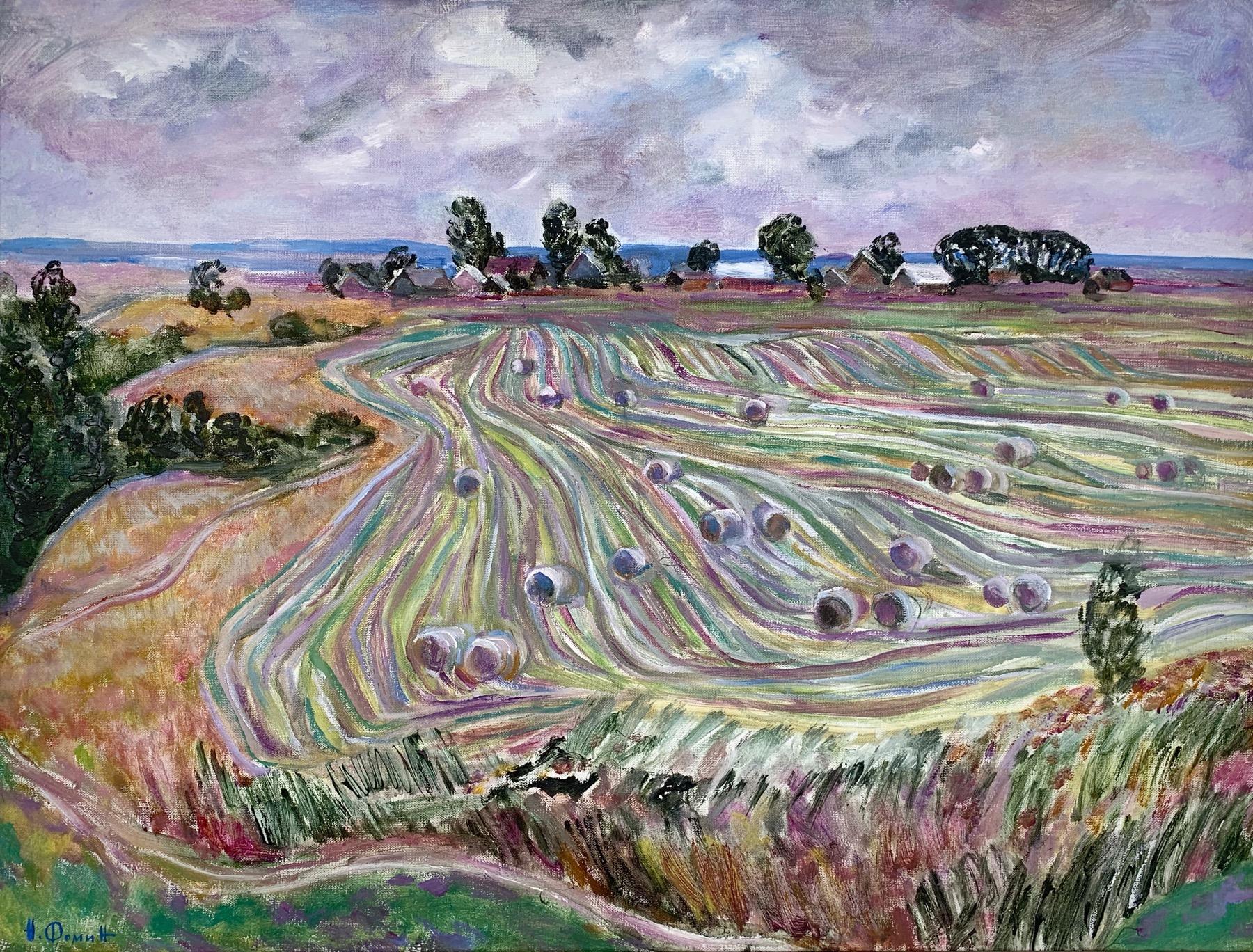 Harvested field. Original modern art painting