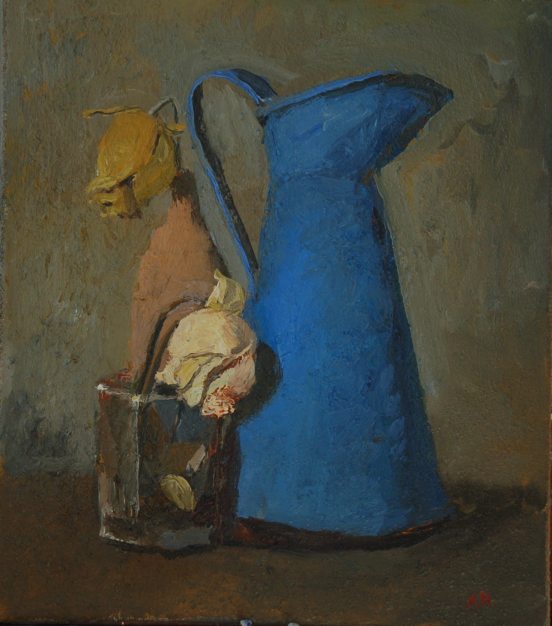 Still life with a blue pitcher. Original modern art painting
