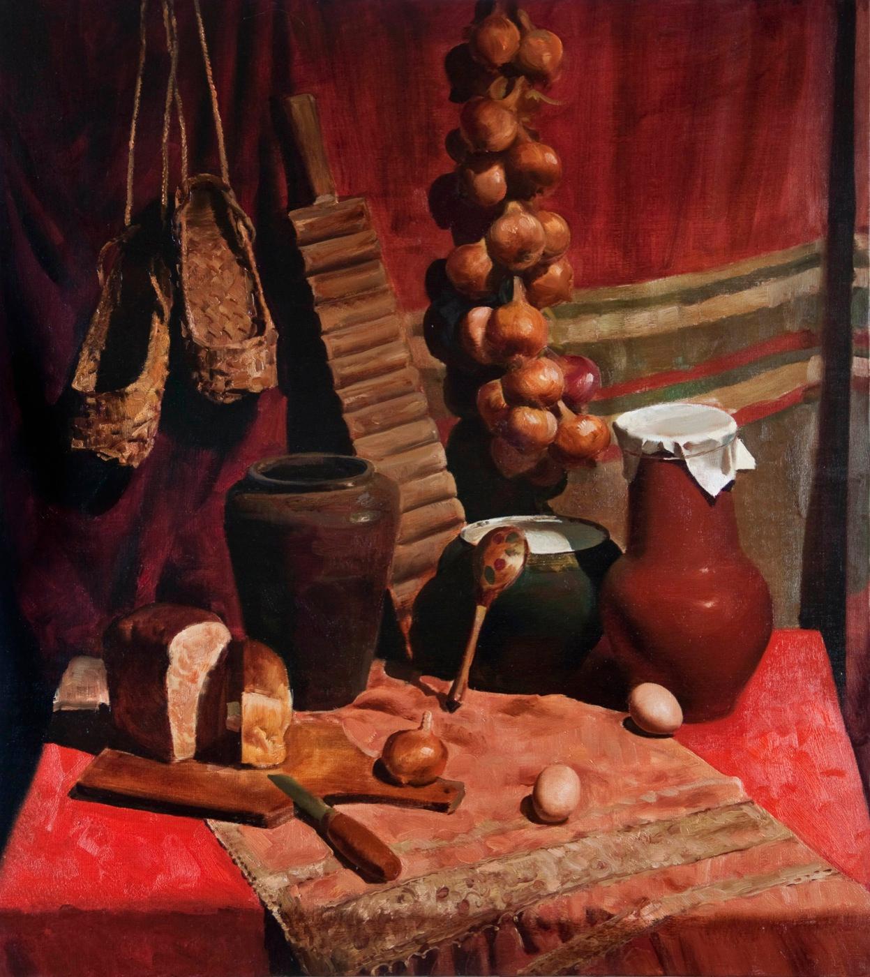 Still life with earthenware pot
and bast shoes. Original modern art painting