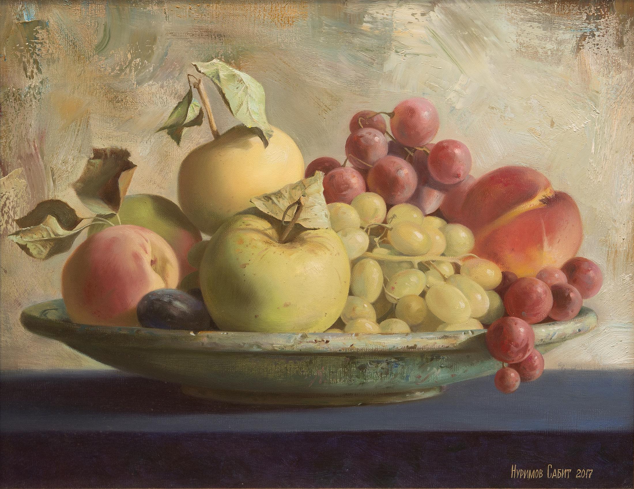 Fruits on blue table. Original modern art painting