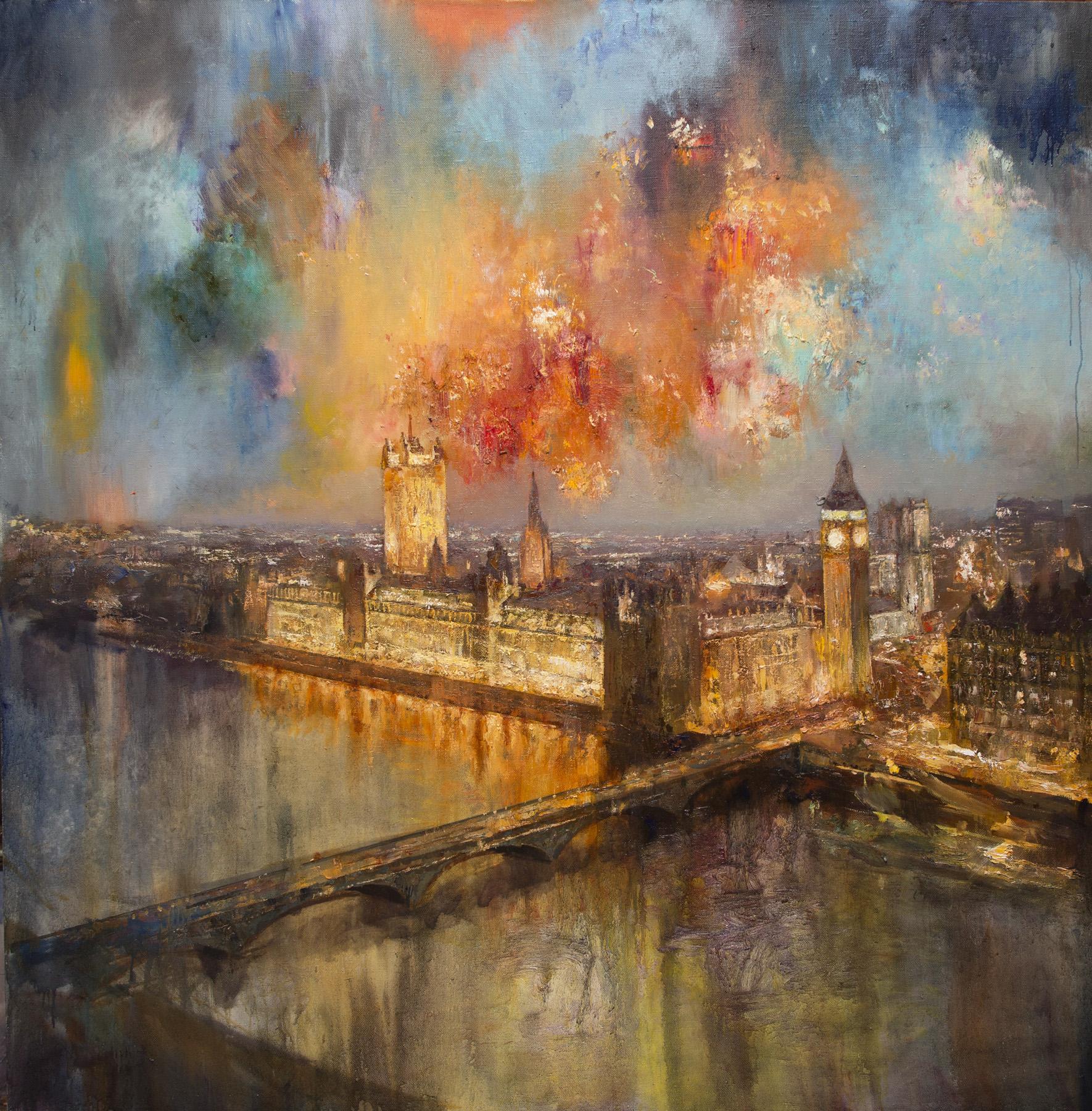 London. Fireworks. Original modern art painting