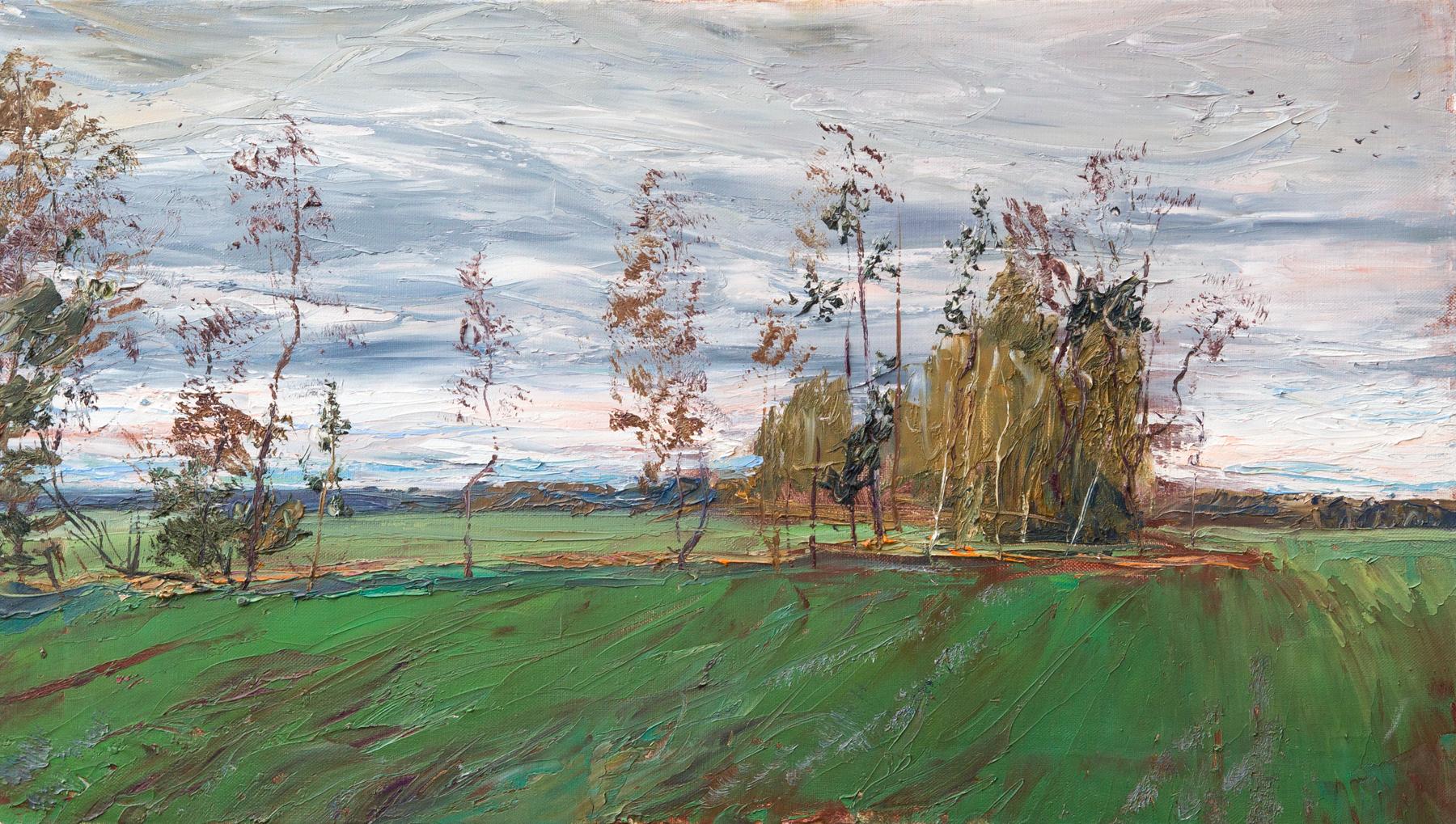 Trees on the field. Original modern art painting