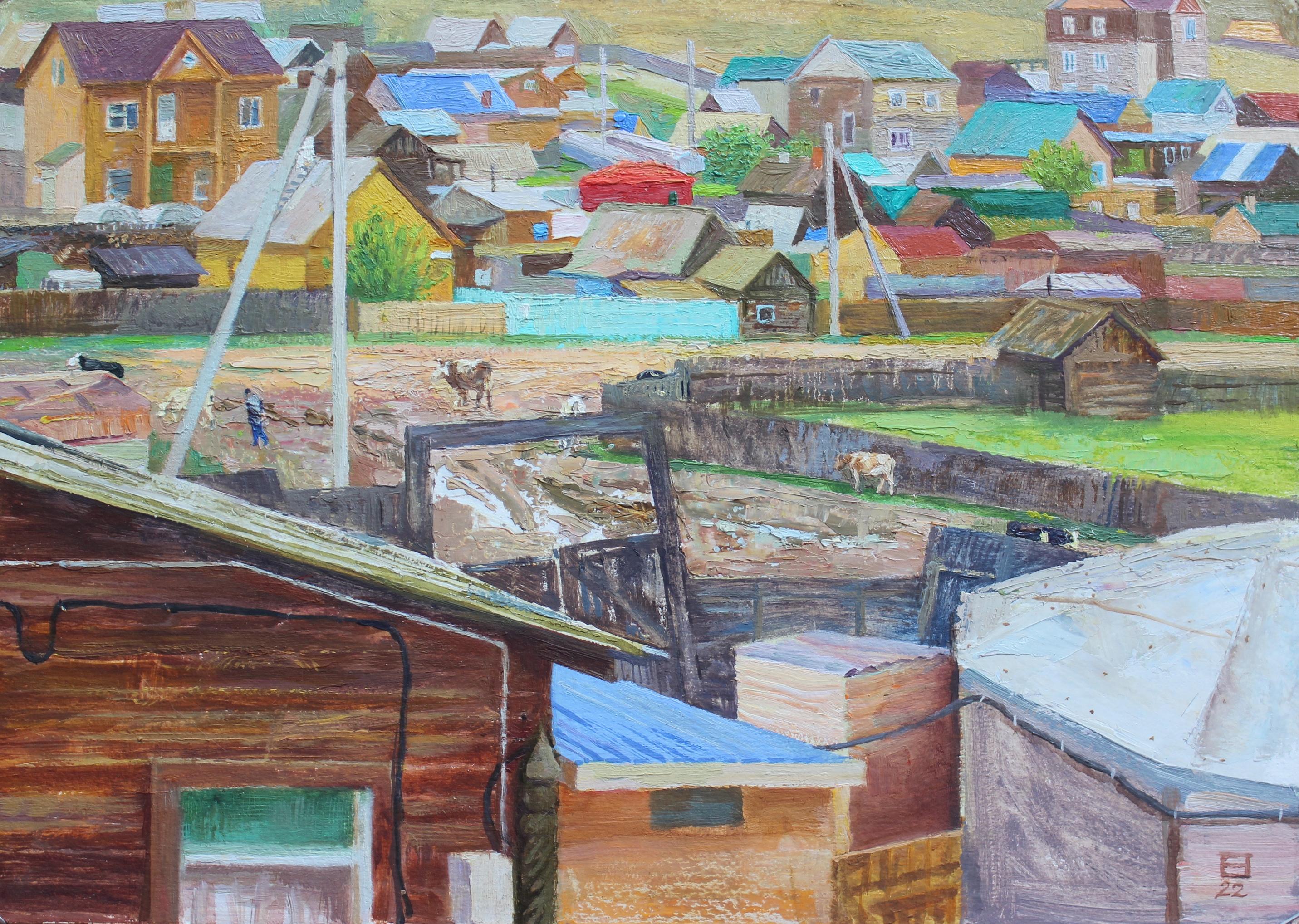 The village of Khuzhir on Lake Baikal. Olkhon Island. Original modern art painting