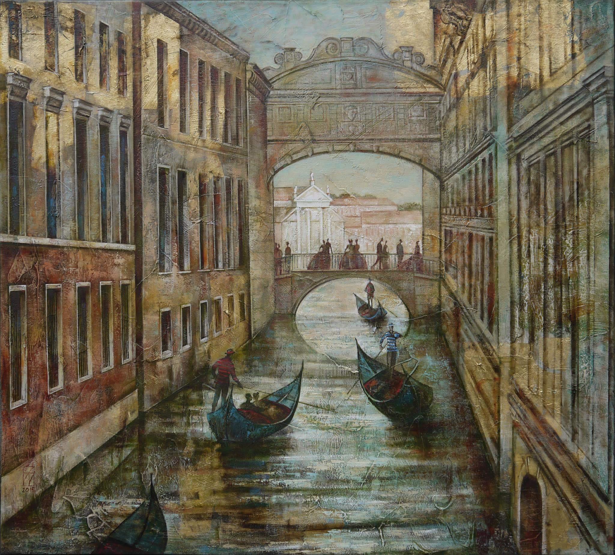 Lovers on the bridge. Original modern art painting