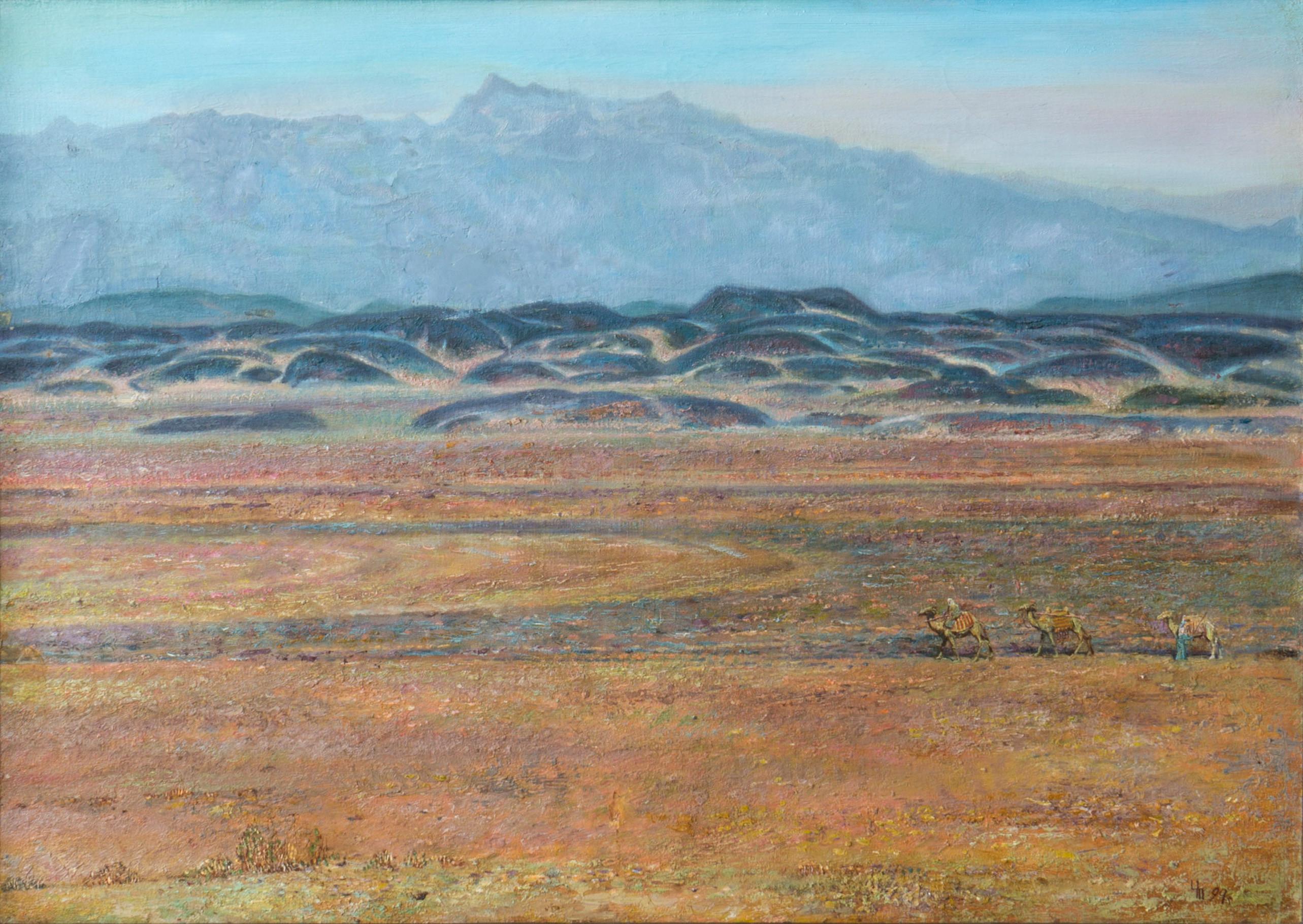 Landscape with camels. Original modern art painting
