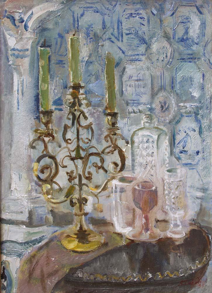Still life with candlestick. Original modern art painting
