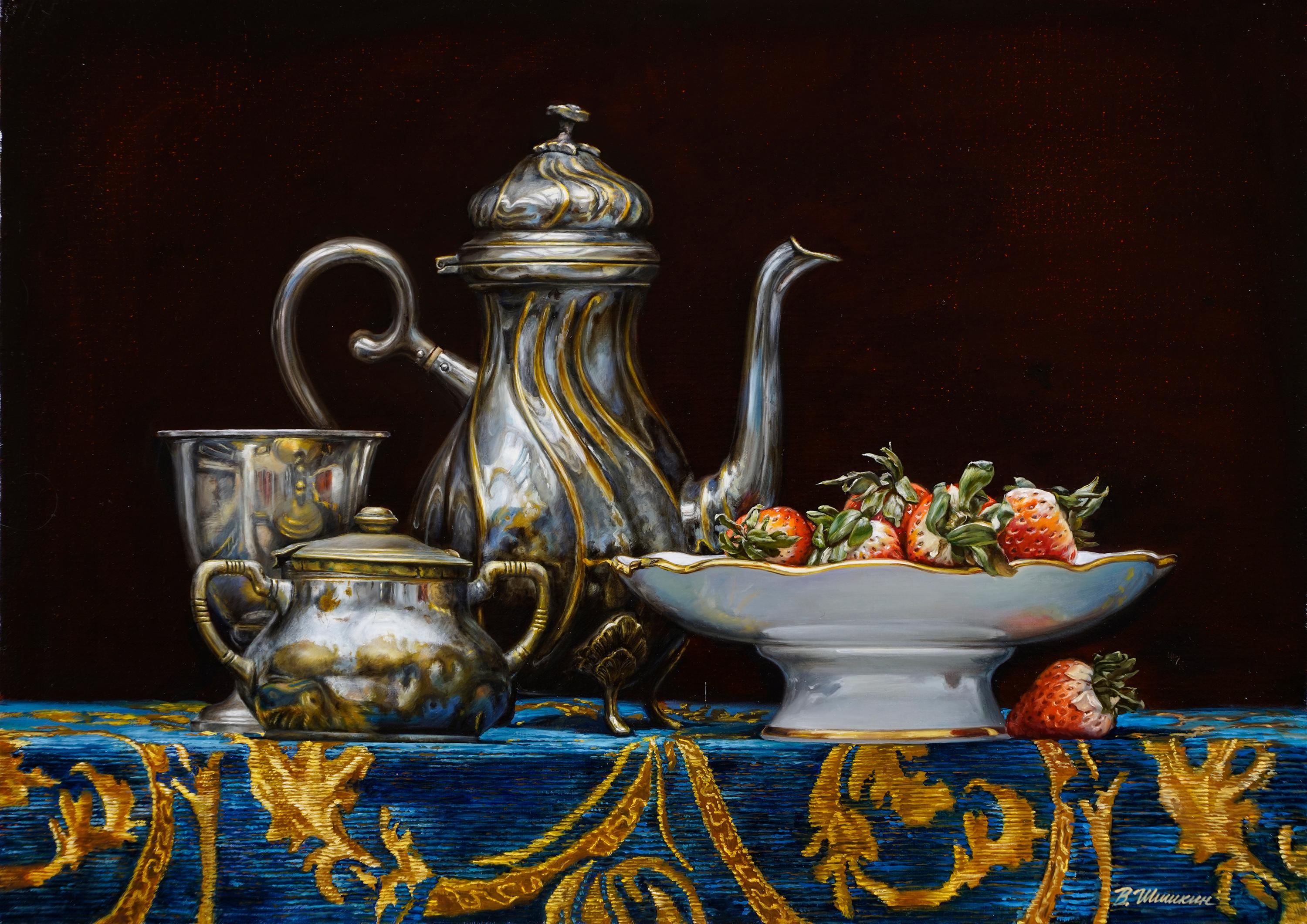 Kettle with strawberries. Original modern art painting