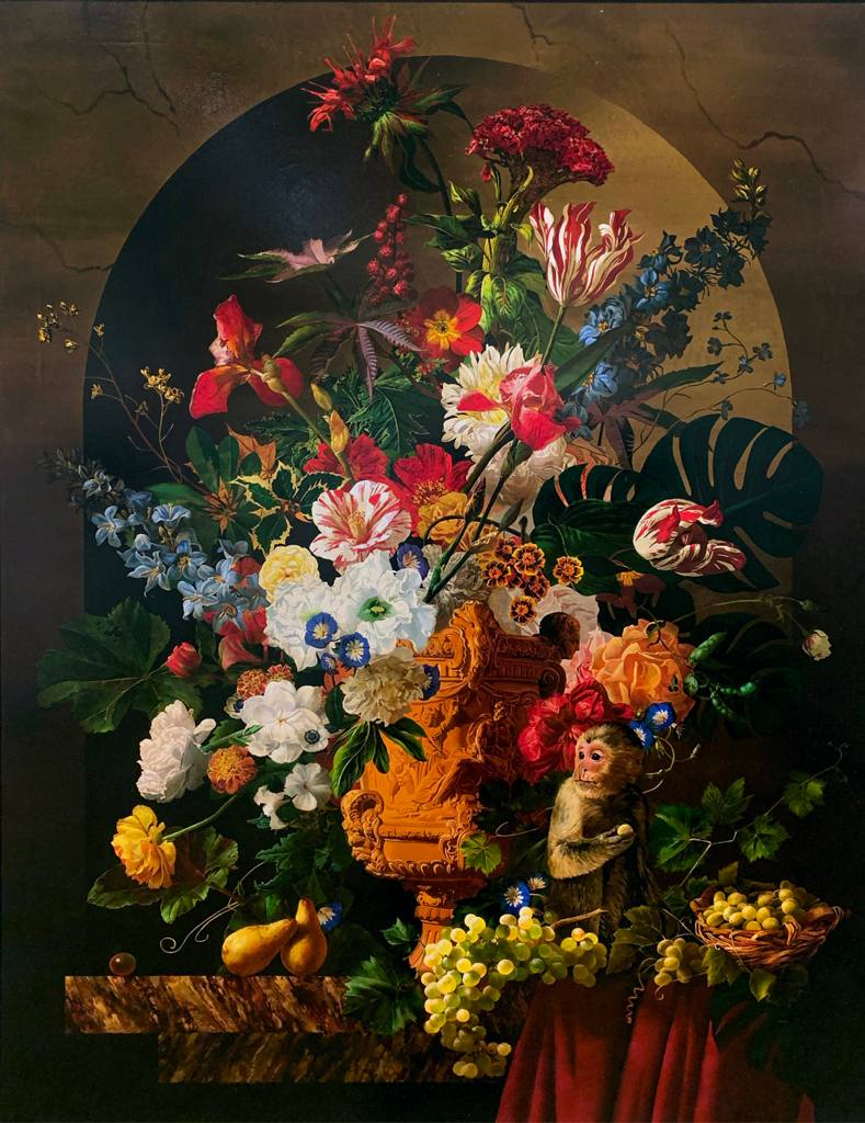 Still life with monkey and flowers — Golovin Alexey