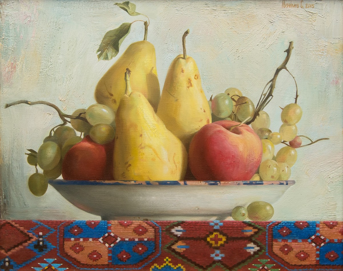 fruits and dish on the Kazakh carpet — Nurimov Sabit