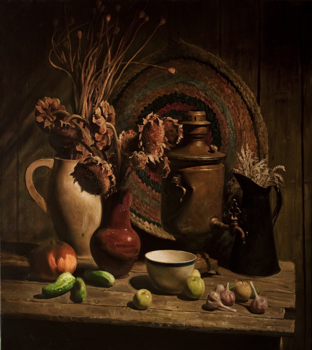 静物与茶炊和干向日葵, Ovcharenko Ilya. 现代专业艺术作品，俄罗斯